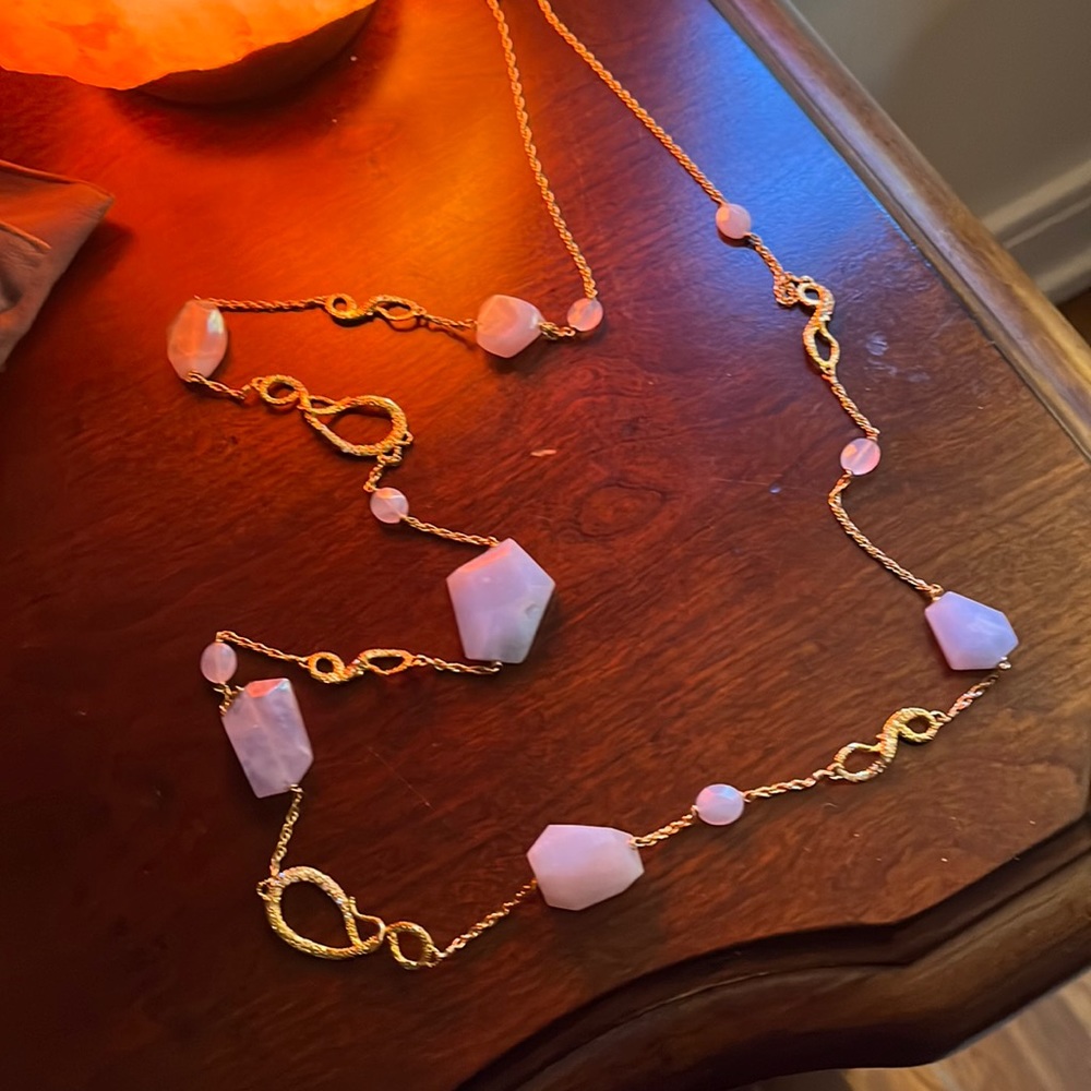 Alexis Bittar gold chain light blue agate gems and pave rhinestone set swirls
